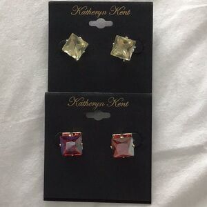 KATHERYN KENT, Gold-tone Square Crystal Stud Earrings 2 pair